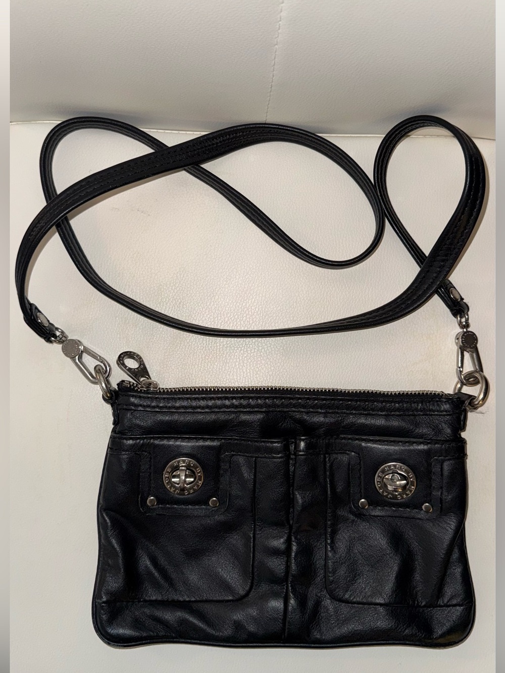 Marc By Marc Jacobs Black Leather Crossbody Silver Hardware Twist Lock Pocket